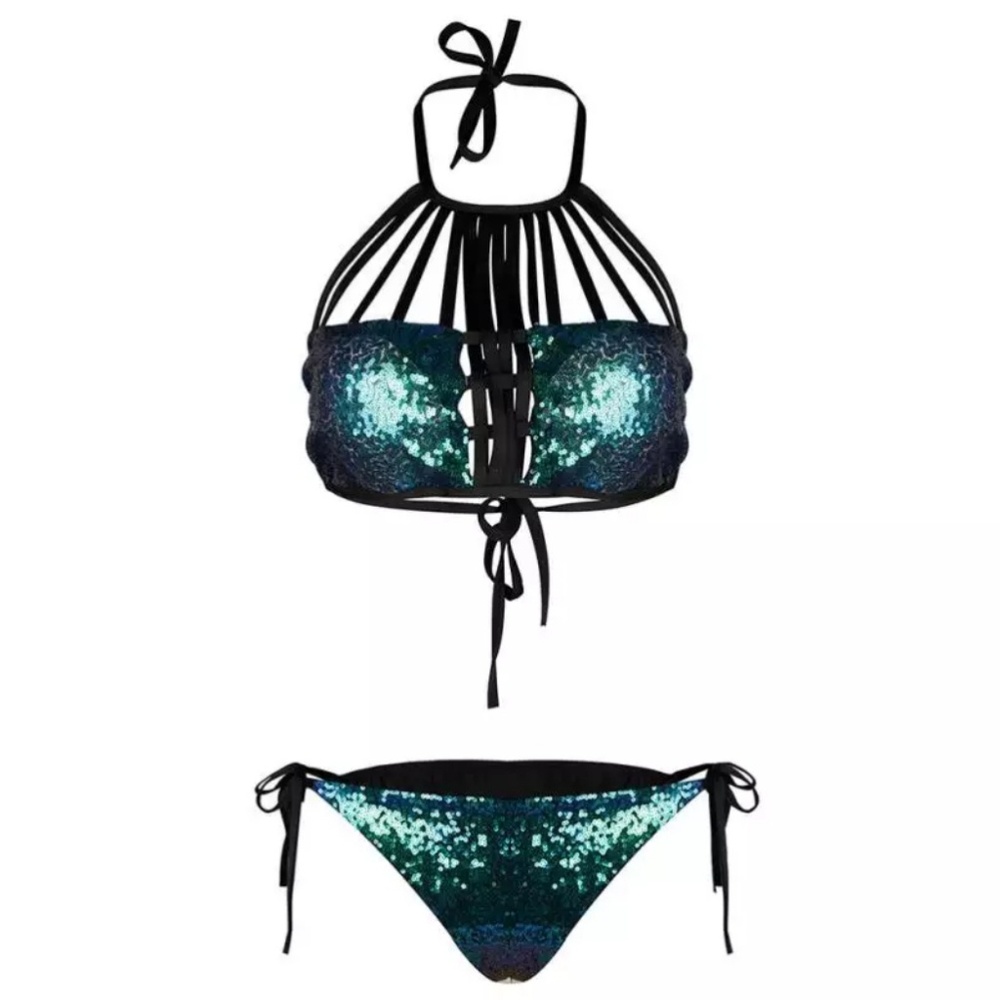 "Serene" Iridescent Sequined Caged Halter Bikini
